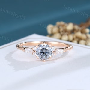 Gray moissanite engagement ring Solid rose gold ring  Vintage diamond cluster ring Dainty 3/4 eternity twisted ring Bridal ring Promise ring