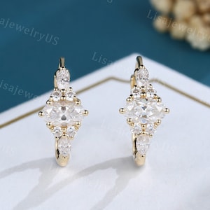 Oval Moissanite Huggie Hoop Earrings Marquise cut Diamond cluster Earrings Yellow Gold 3/4 eternity twisted earrings Anniversary Gift
