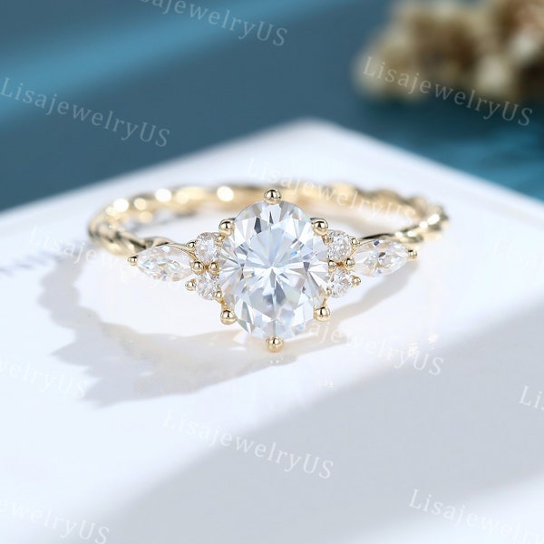 Bague de fiançailles ovale en moissanite, bague de fiançailles en or 14 carats, bague de fiançailles vintage, bague torsadée en diamants marquise, bague de promesse d'anniversaire