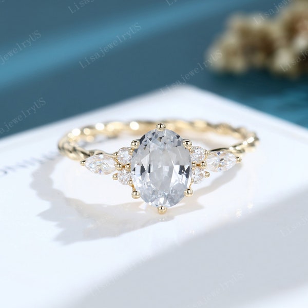 Oval Weißer Saphir Verlobungsring Vintage Verlobungsring 14K Gold Verlobungsring Marquise Diamant Verdrehter Ring Hochzeitsjubiläum Ring