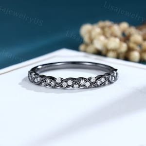 Vintage Moissanite wedding band Black Gold Vermeil Diamond wedding band Half Eternity Unique Black Ruthenium Plating Bridal Promise band