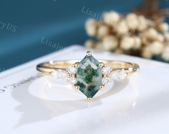 Long hexagon Moss Agate engagement ring Yellow gold elongated hexagon ring vintage marquise diamond ring unique Bridal ring promise ring