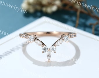 Moissanite wedding band Curved wedding band Rose gold wedding band vintage Marquise Unique half eternity band matching Bridal Promise band