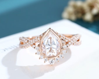 Pear shaped Moissanite engagement ring rose gold vintage engagement ring Dainty unique solid diamond Bridal Anniversary promise ring