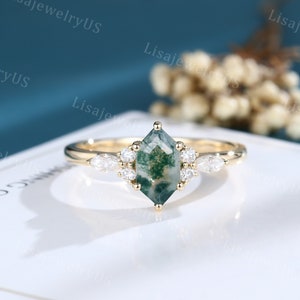Long hexagon Moss Agate engagement ring Yellow gold elongated hexagon ring vintage marquise diamond ring unique Bridal ring promise ring