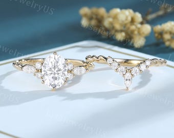 Oval cut Moissanite engagement ring set vintage yellow gold marquise cut bridal diamond ring set 3/4 eternity twisted promise ring set