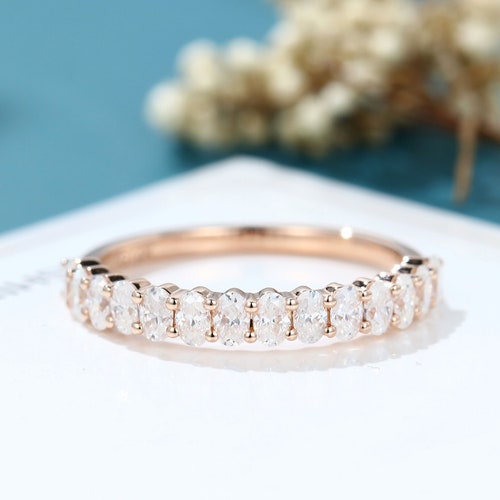 Moissanite Wedding Band Simple Unique Oval Cut Rose Gold Half - Etsy