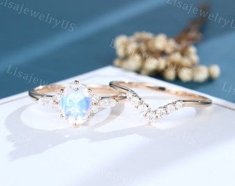 Oval Moonstone Engagement ring set Rose Gold Engagement ring set Marquise Moissanite ring Diamond ring Bridal Promise Anniversary ring