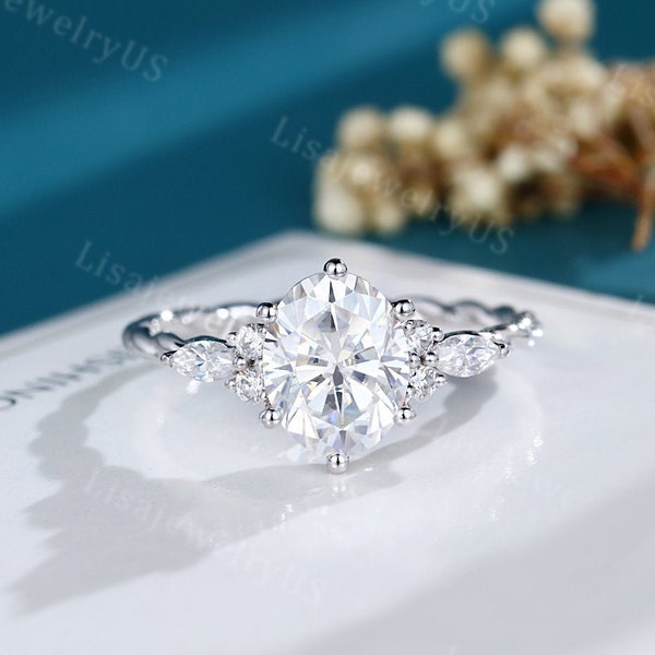 Oval Moissanit Verlobungsring Weißgold Verlobungsring Vintage Verlobungsring Marquise Diamant Unikat 3/4 gedreht Brautring