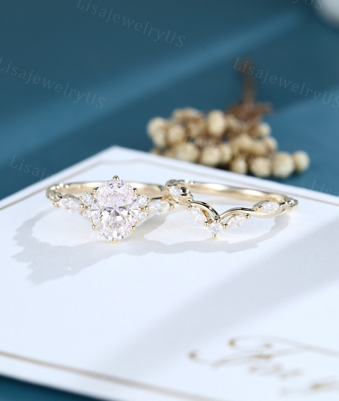 Oval Cut Lab Diamond Engagement Ring Set 14K Yellow Gold Moissanite ...