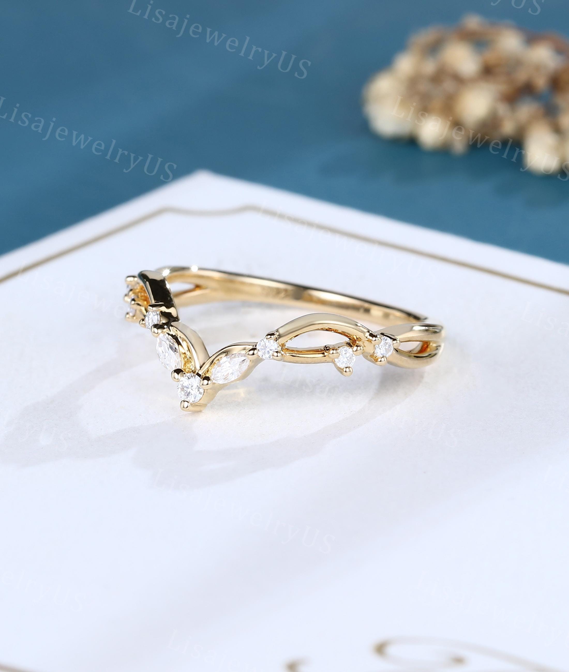 Marquise Cut Moissanite Curved Wedding Band Dainty 14k Yellow Gold ...