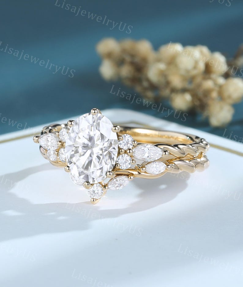 Oval Moissanite Engagement Ring Set Yellow Gold Vintage Ring Set Art ...