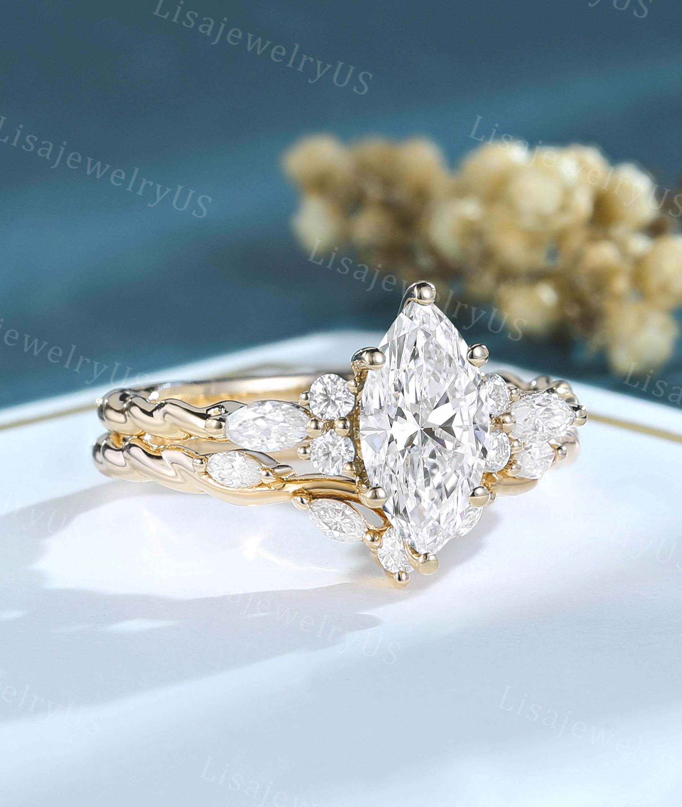 Marquise Cut Lab Diamond Engagement Ring Set Dainty Yellow Gold Art ...