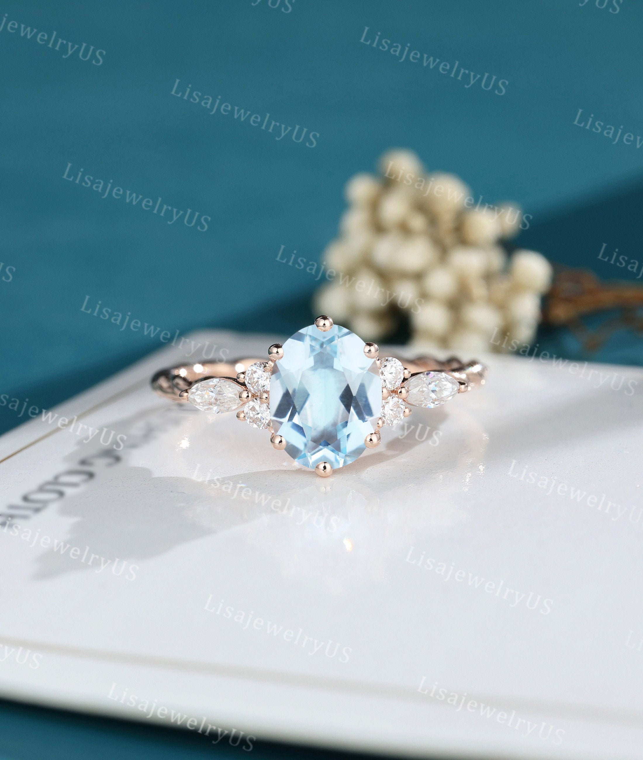 Oval Cut Aquamarine Engagement Ring Rose Gold Vintage Engagement