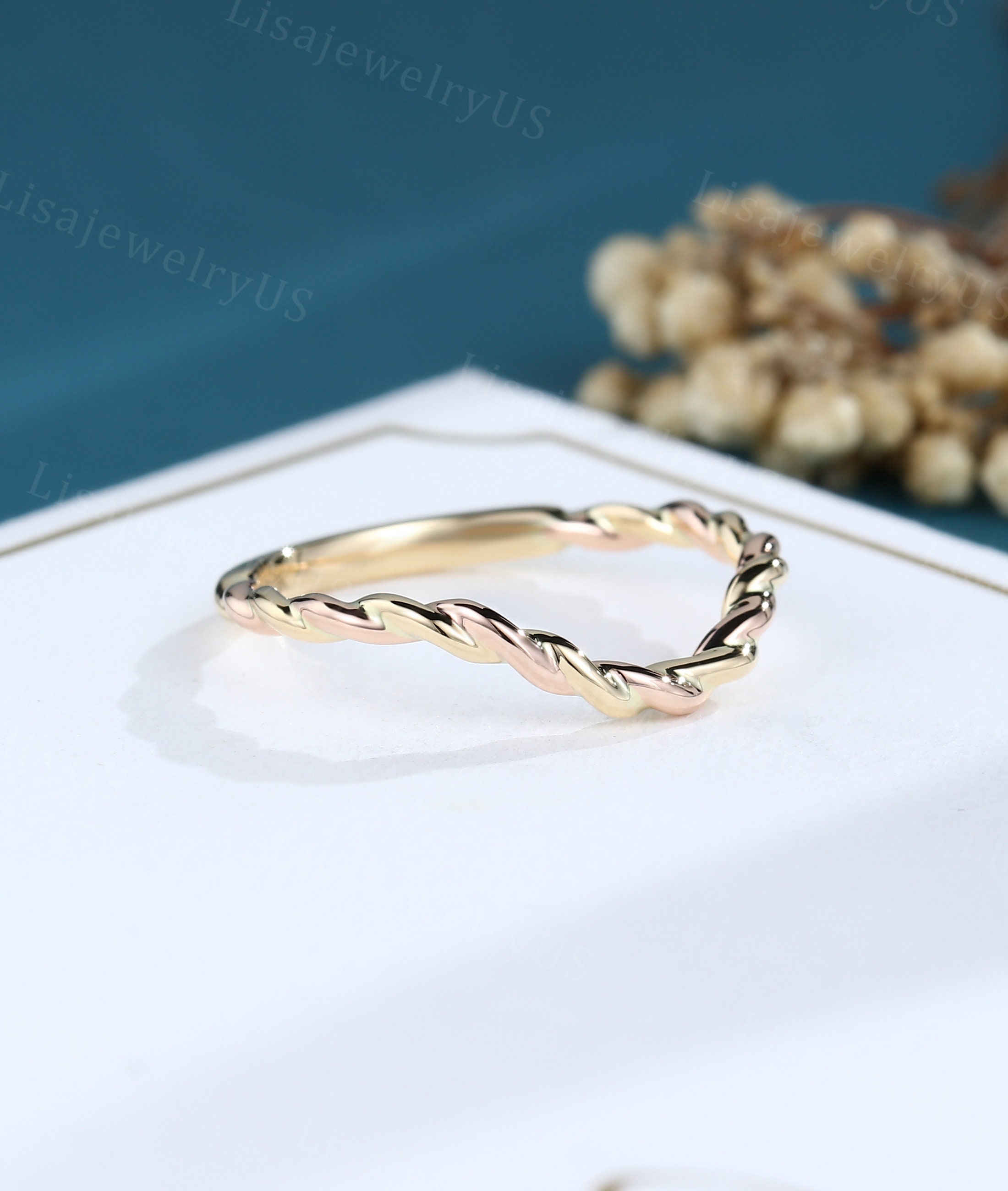 Curved Wedding Band Yellow Gold Wedding Band Vintage Two Tone Unique 3/ ...