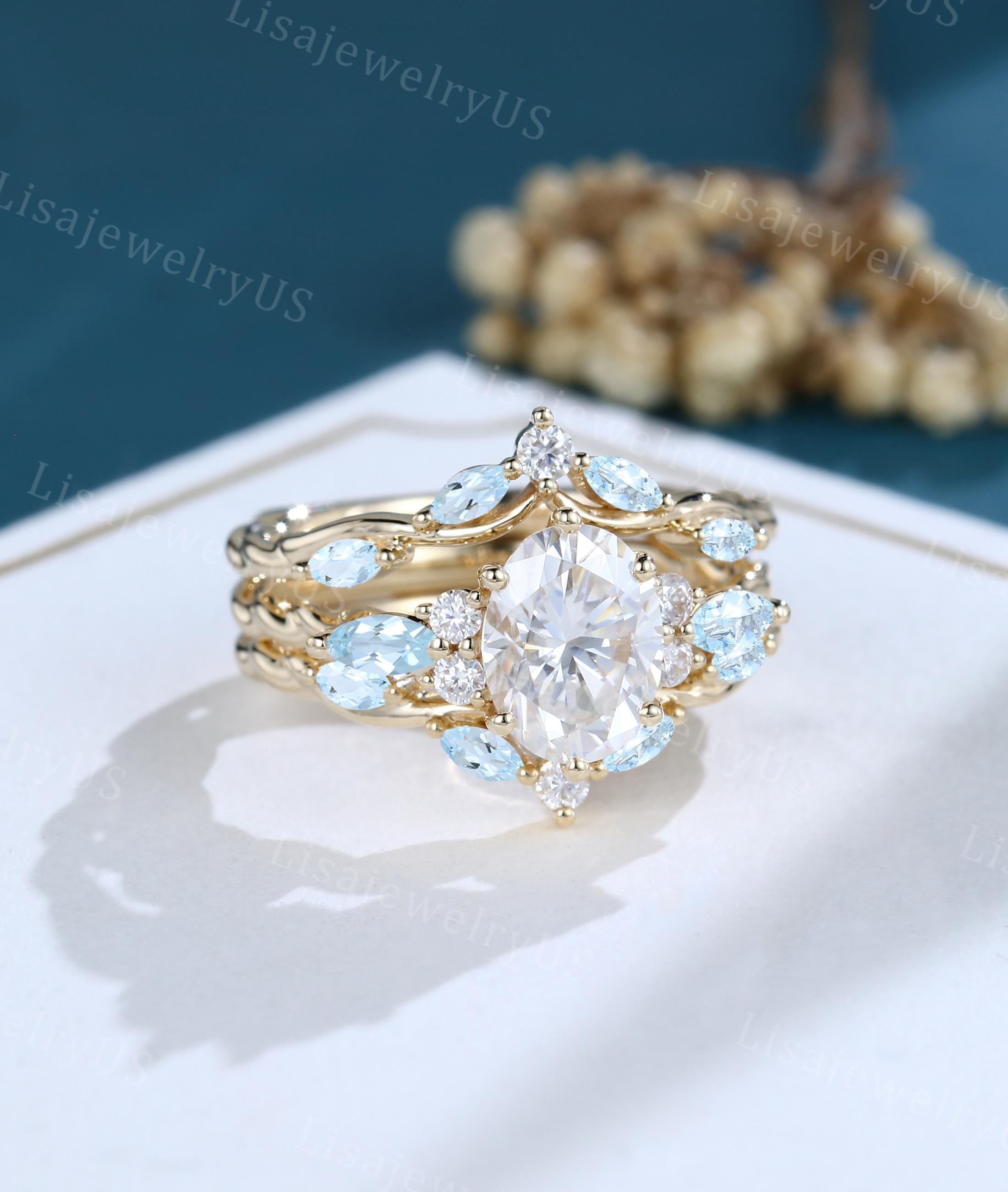 Oval Moissanite Engagement Ring Set Yellow Gold Ring Set Art Deco Solid ...