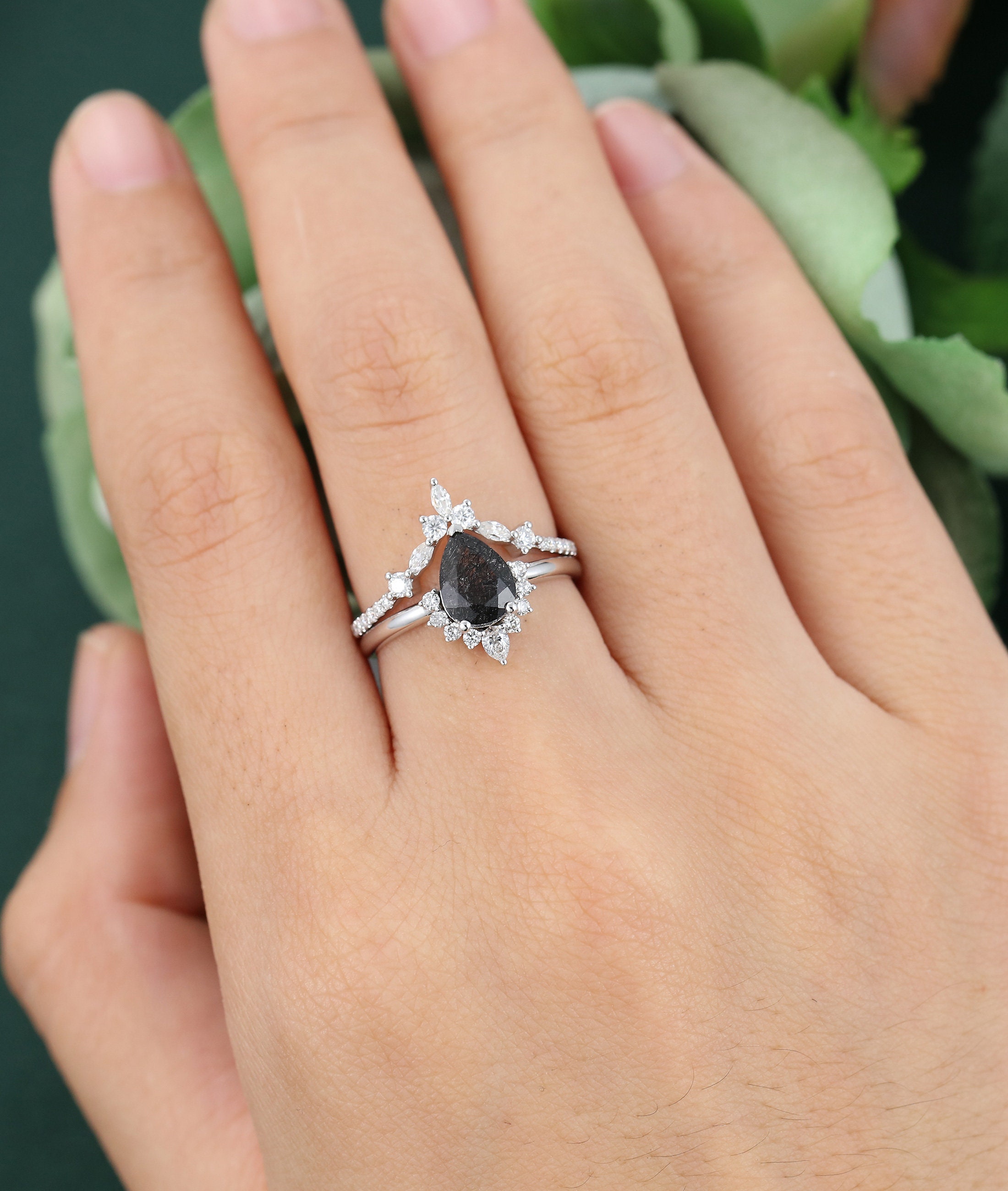 Black Rutilated Quartz ring set black engagement ring set Etsy