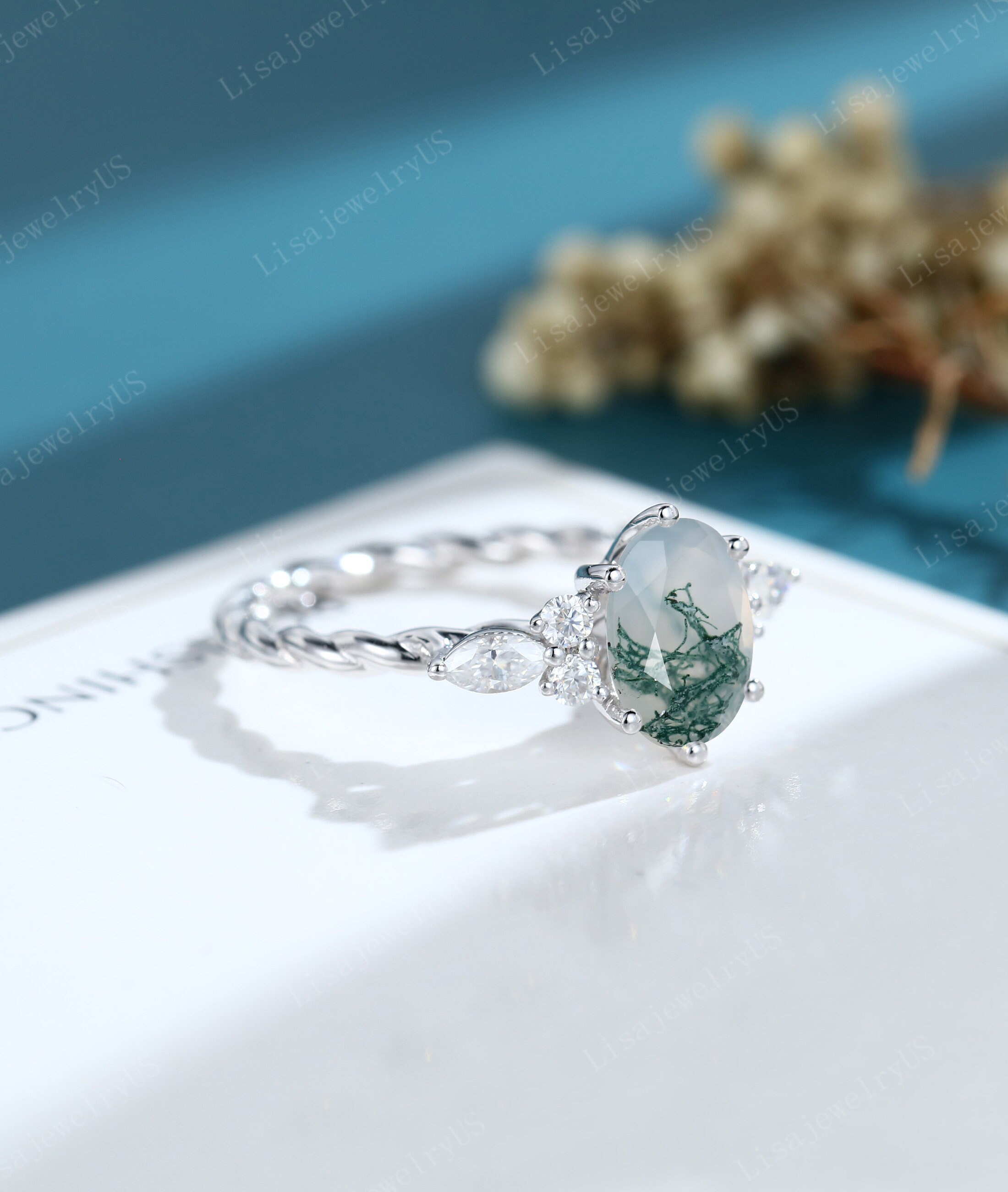 Oval Moss Agate Engagement Ring Vintage Engagement Ring White - Etsy UK