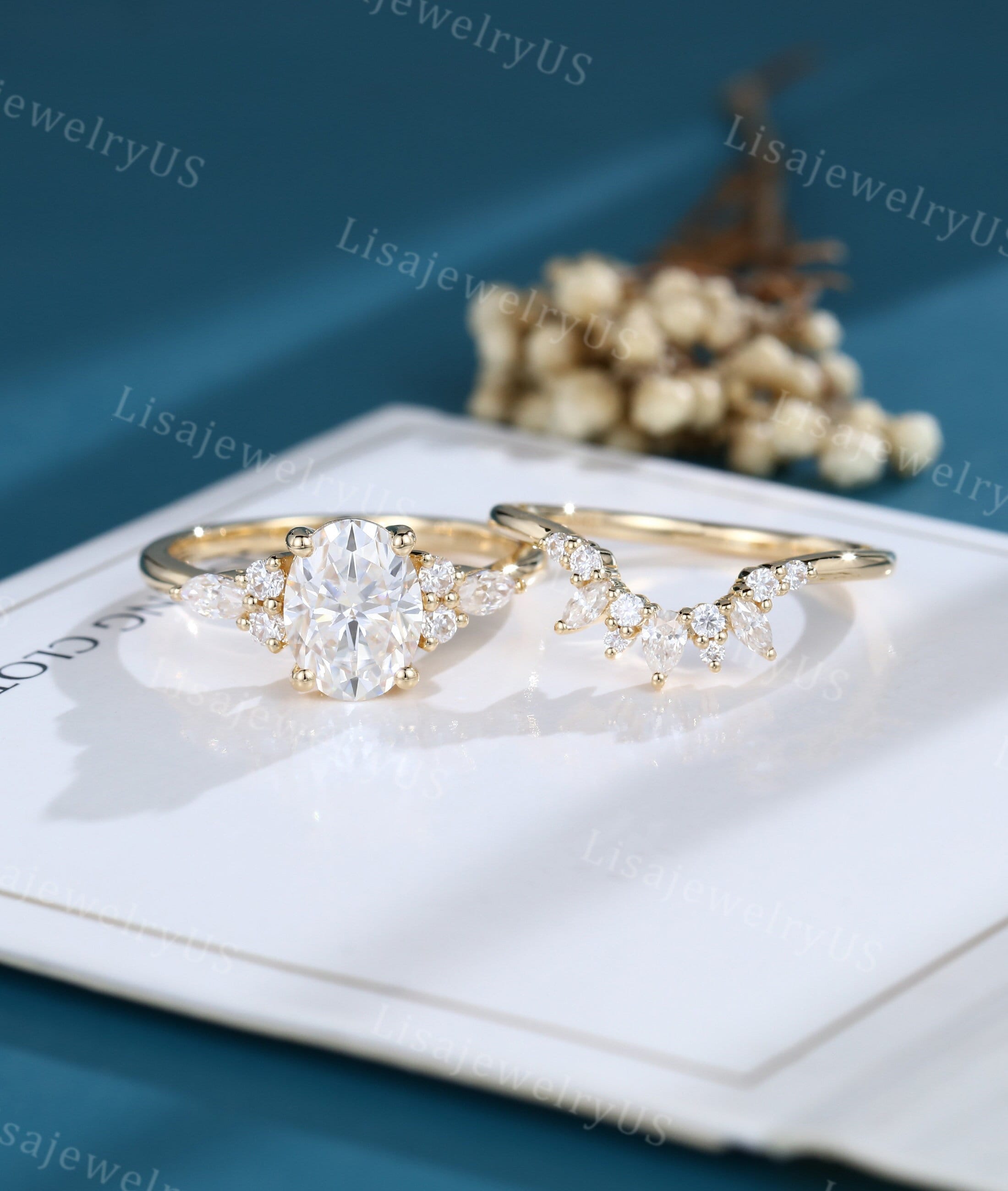 Oval Moissanite Engagement Ring Set Yellow Gold Vintage Engagement Ring ...