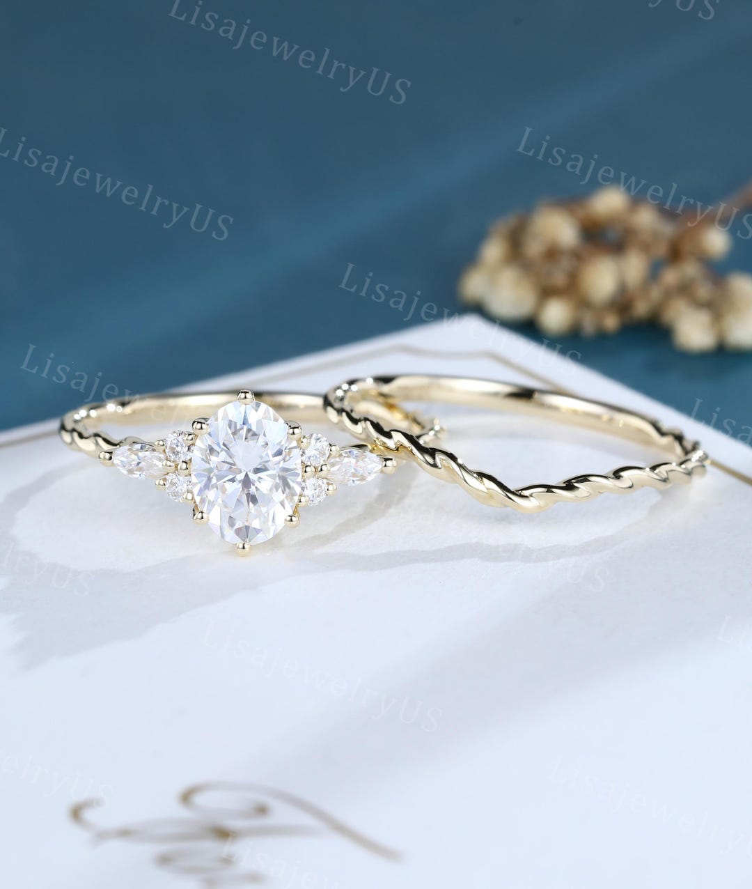 Oval Moissanite Engagement Ring Set Vintage 14K Yellow Gold Engagement ...