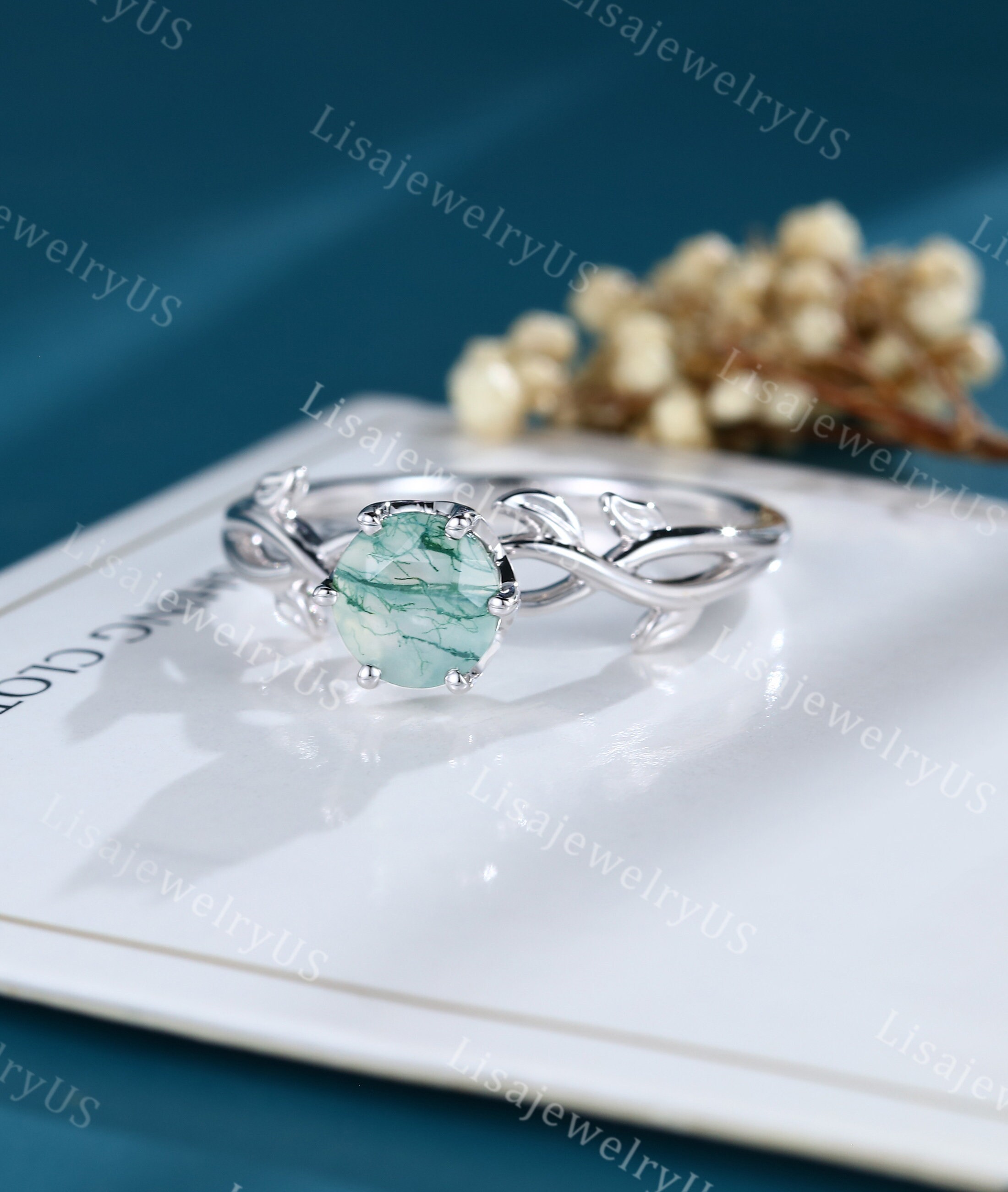 Moss Agate engagement ring Vintage engagement ring White gold | Etsy