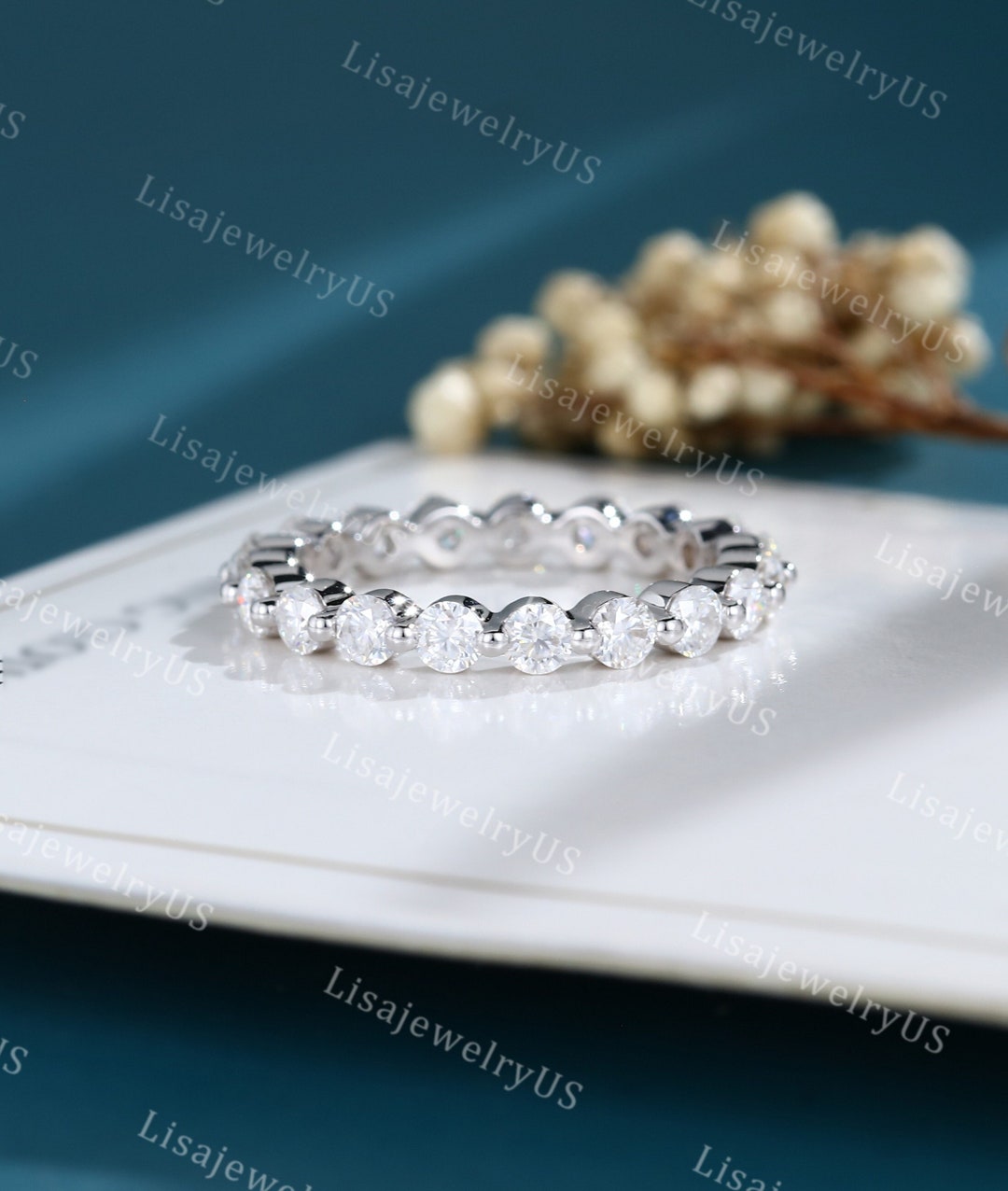 Moissanite Wedding Band Full Eternity Solid 14k White Gold Full ...