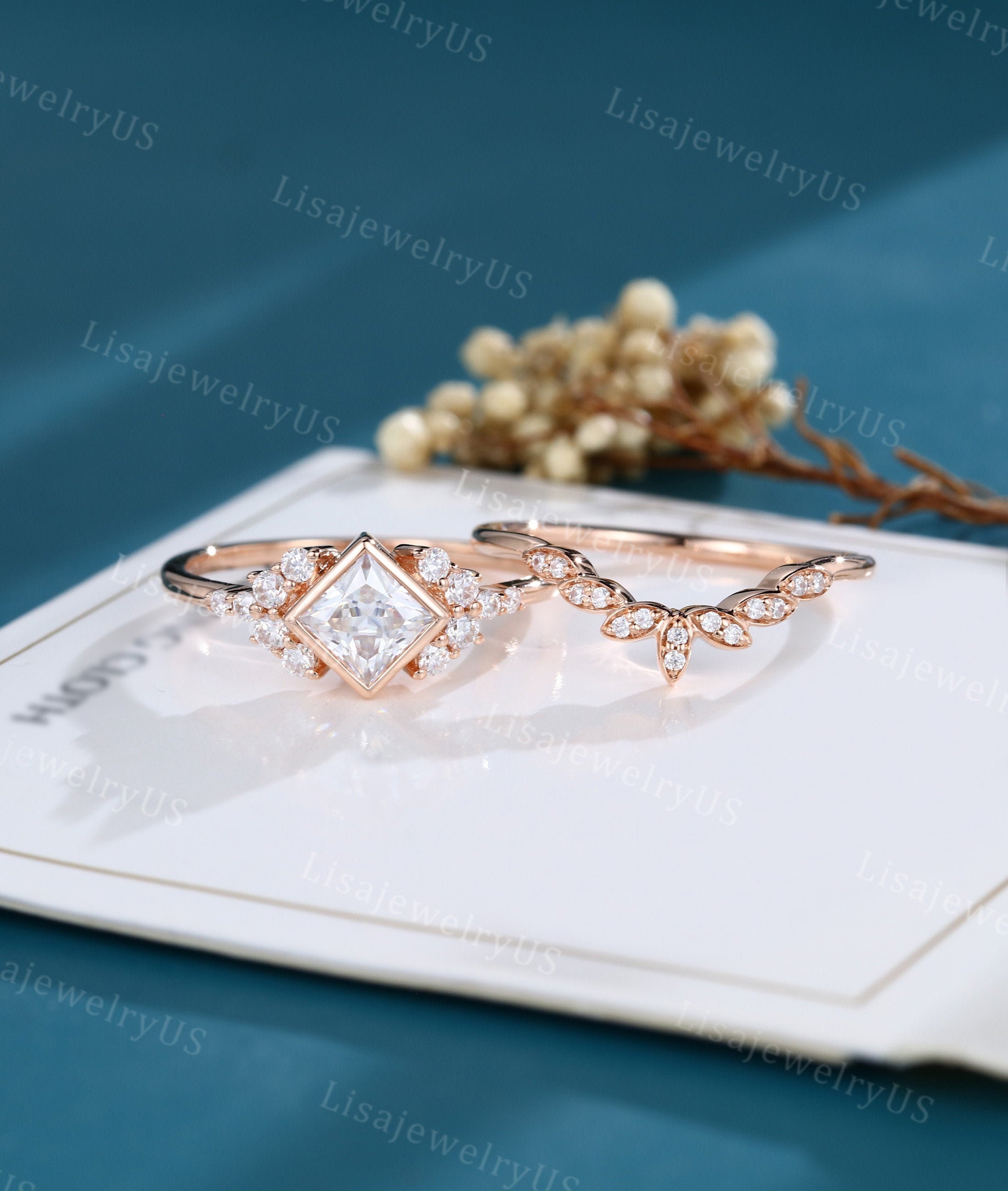 Moissanite engagement ring set Rose gold Vintage engagement ring set Art deco Princess cut Dainty unique Bridal Anniversary promise ring set