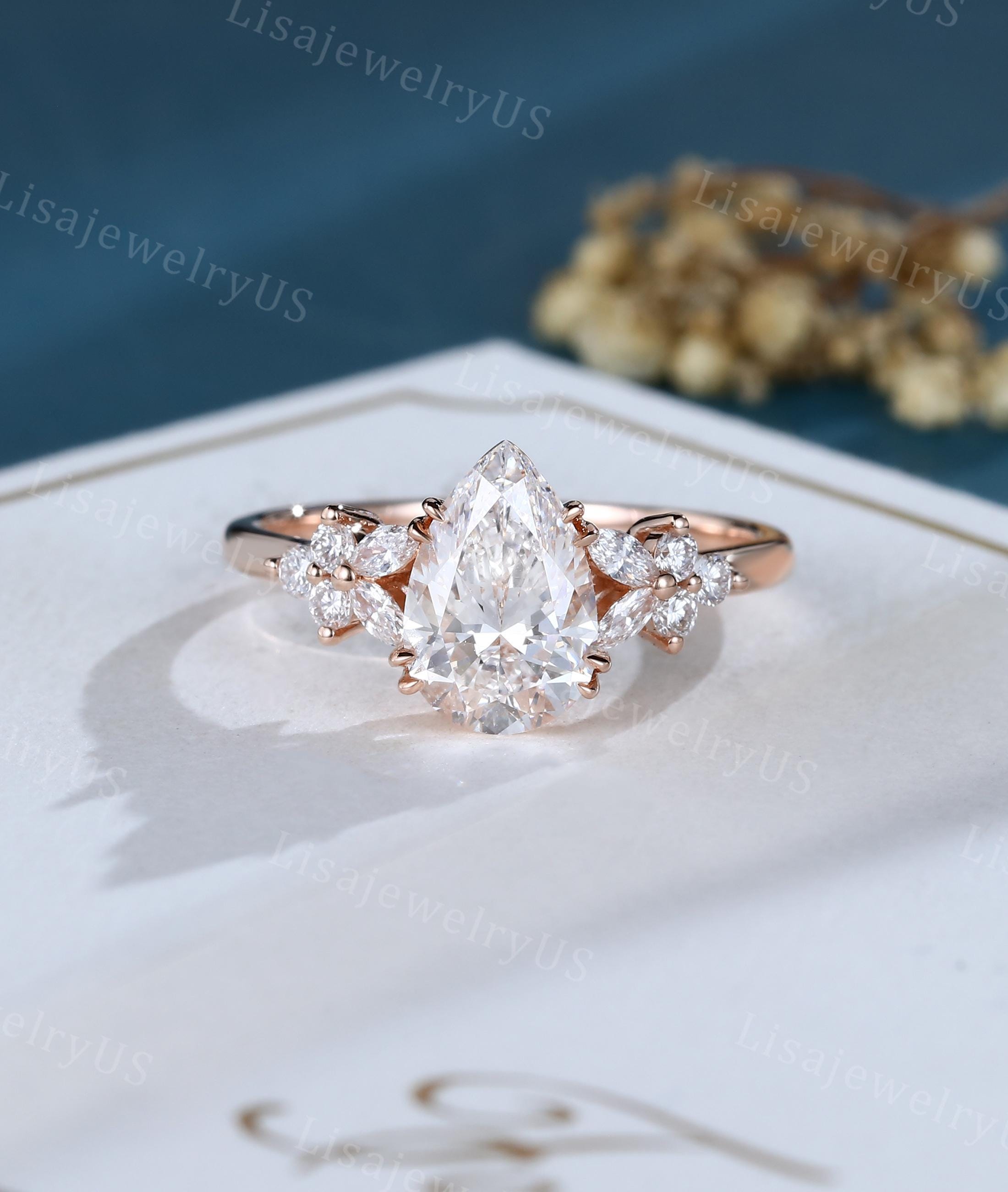 Pear Shaped Lab Diamond Engagement Ring Unique Rose Gold Marquise Cut ...