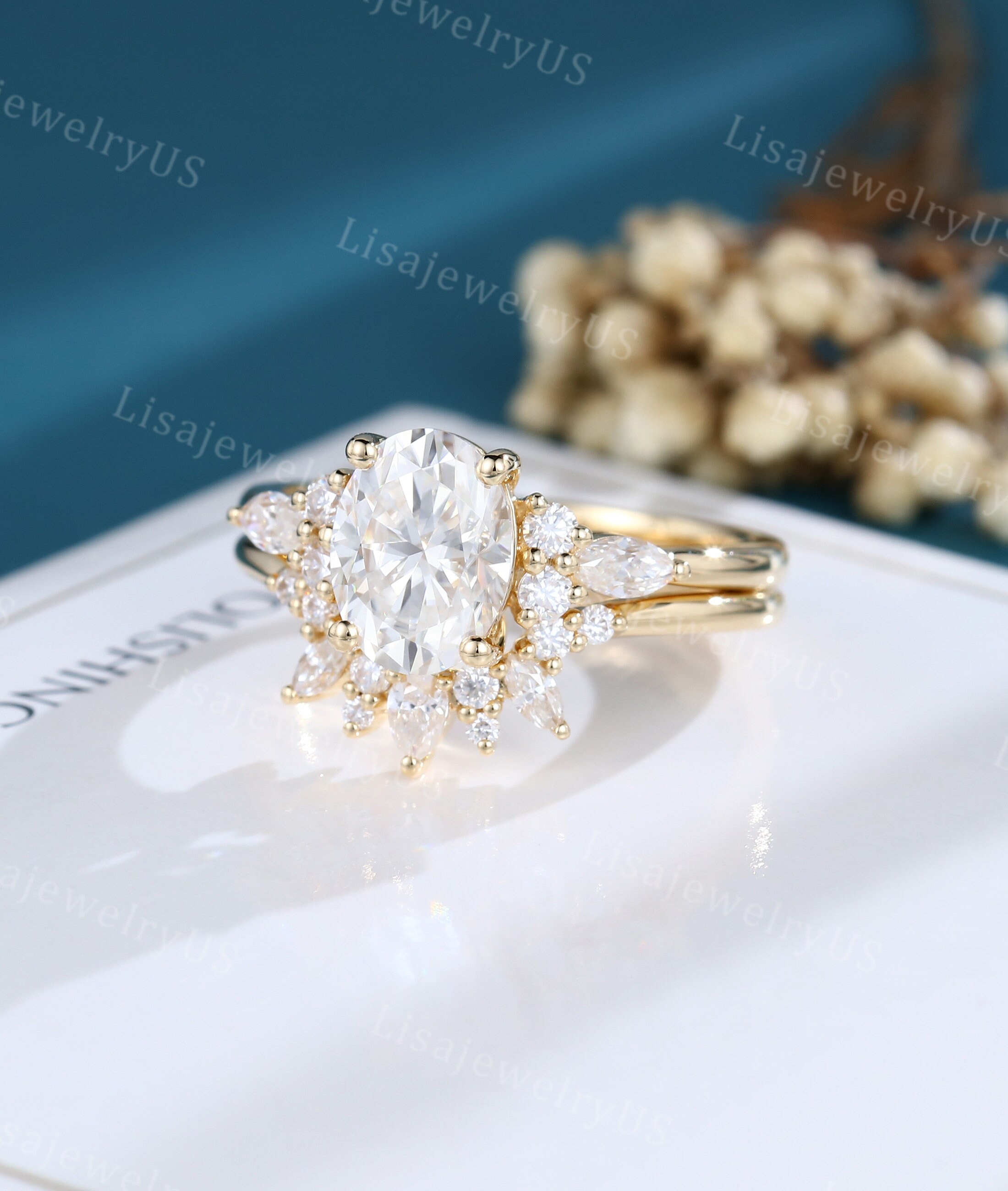 Oval Moissanite Engagement Ring Set Yellow Gold Vintage Engagement Ring ...