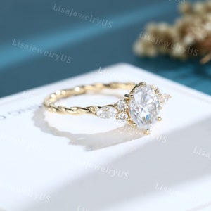 Oval Moissanite engagement ring 14K gold engagement ring Vintage engagement ring Marquise diamond twisted ring Anniversary promise ring image 2