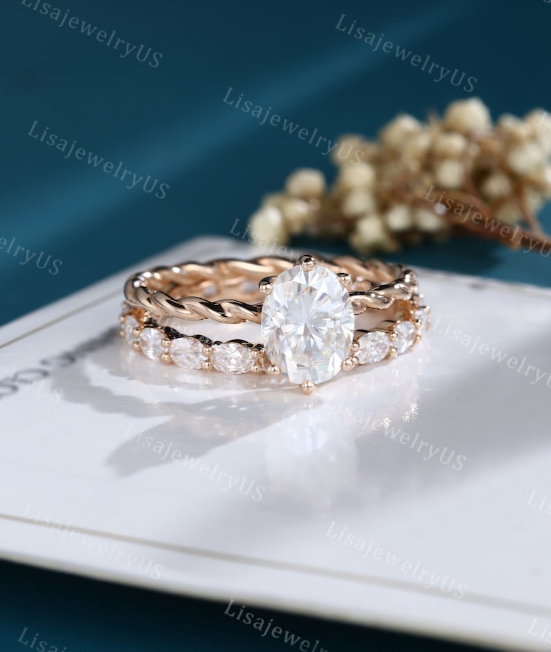 Oval Moissanite engagement ring set Rose gold vintage image 3