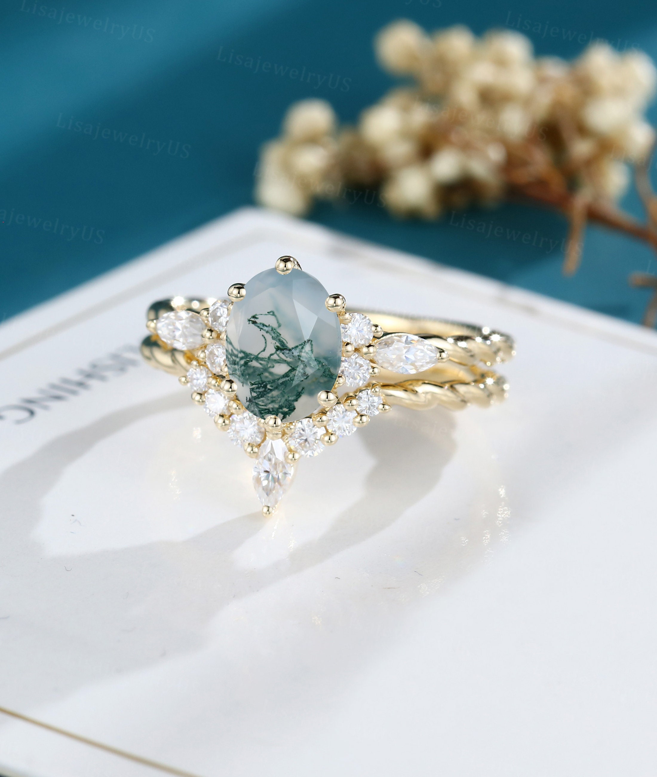 Oval Moss Agate engagement ring set Vintage engagement ring | Etsy