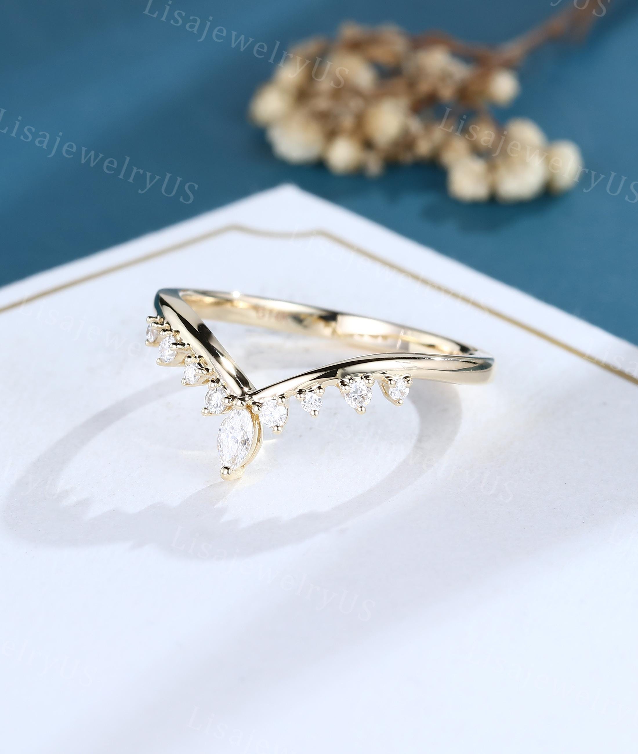 Marquise Cut Moissanite Wedding Band 14k Yellow Gold Curved Wedding ...