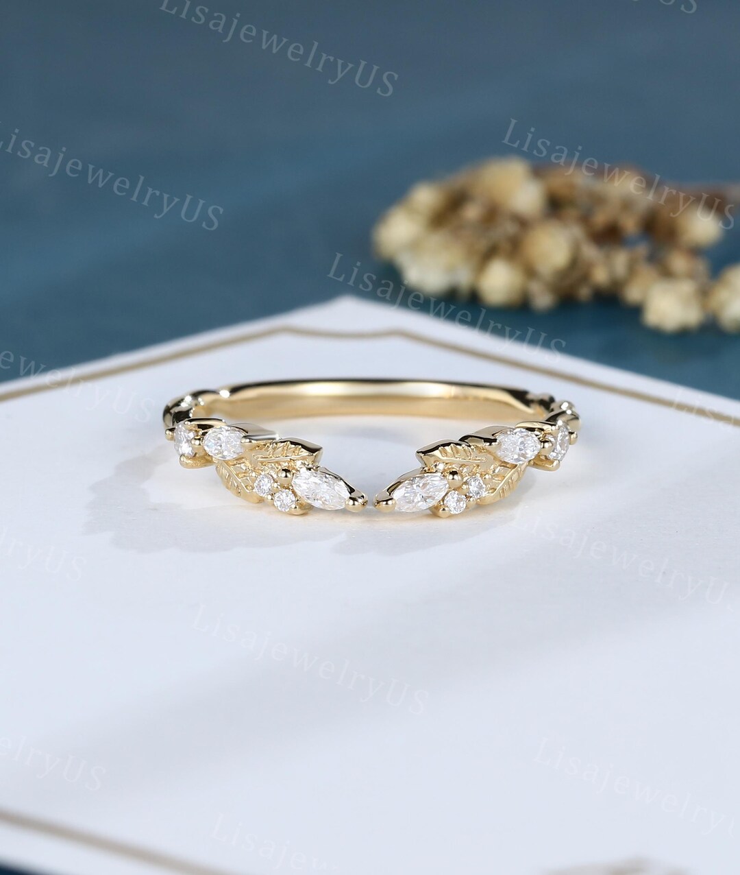 Marquise Cut Moissanite Curved Wedding Band Yellow Gold Leaf Open ...