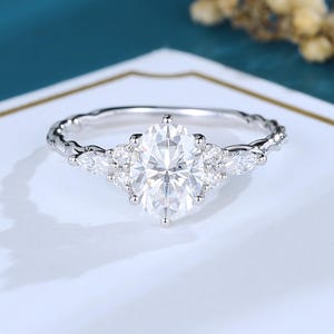 Oval Moissanite engagement ring White gold engagement ring Vintage engagement ring Marquise diamond unique 3/4 eternity twisted Bridal ring