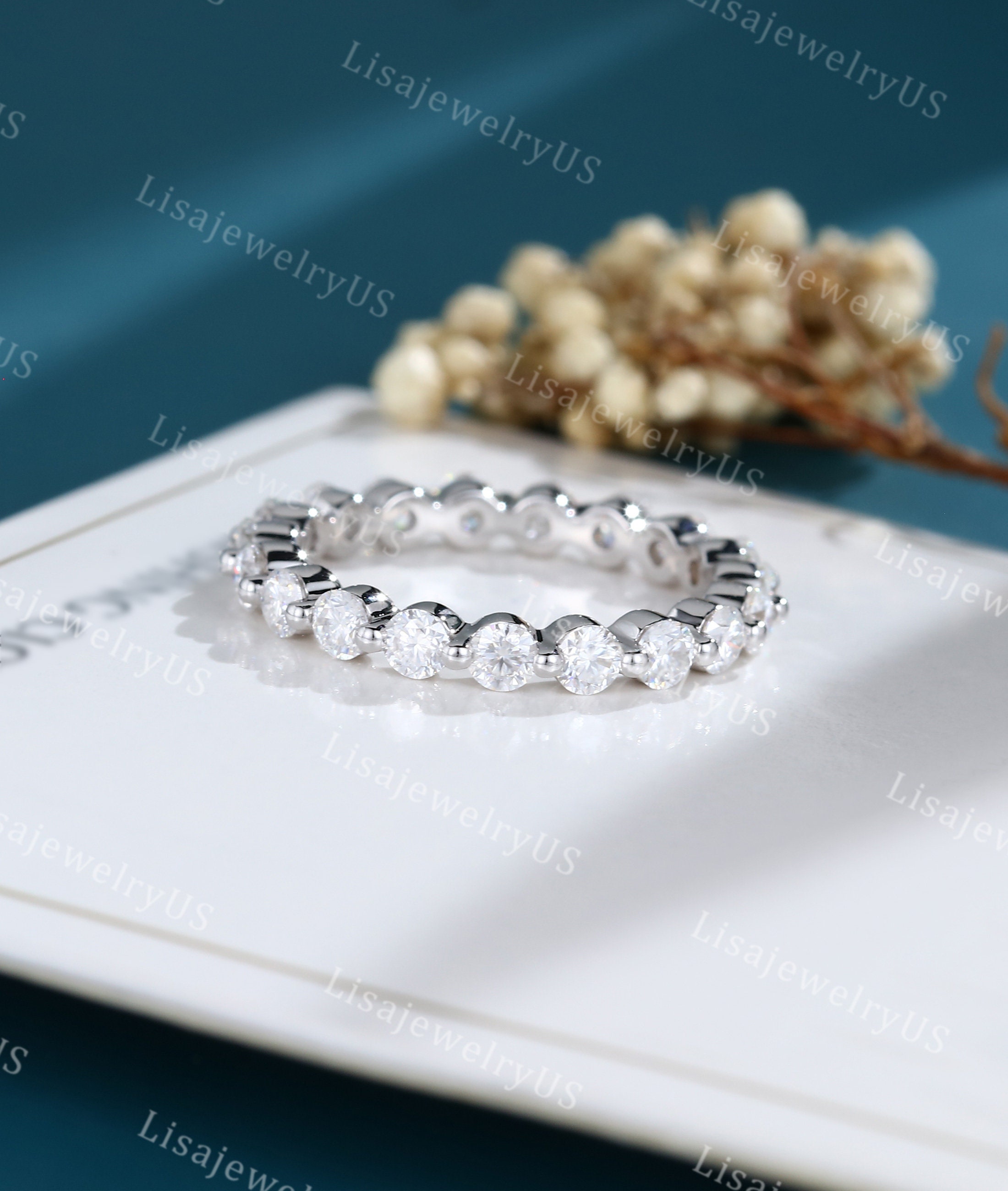 Moissanite Wedding Band Full Eternity Solid 14k White Gold Full ...