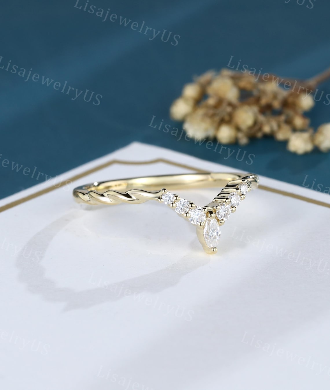 Marquise Cut Moissanite Curved Wedding Band Yellow Gold Diamond Wedding ...
