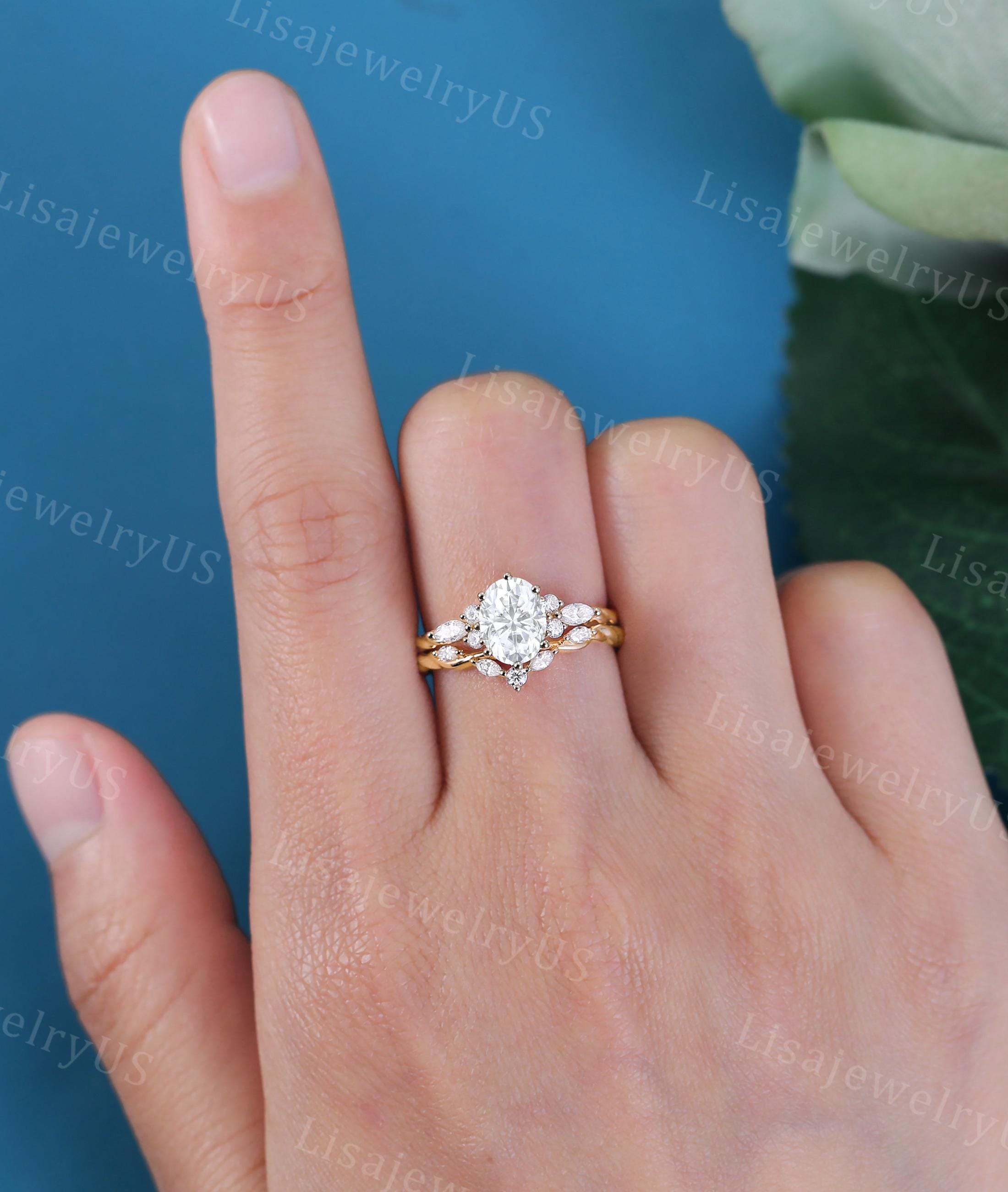 Oval Moissanite Engagement Ring Set Yellow Gold Vintage Ring Set Art ...