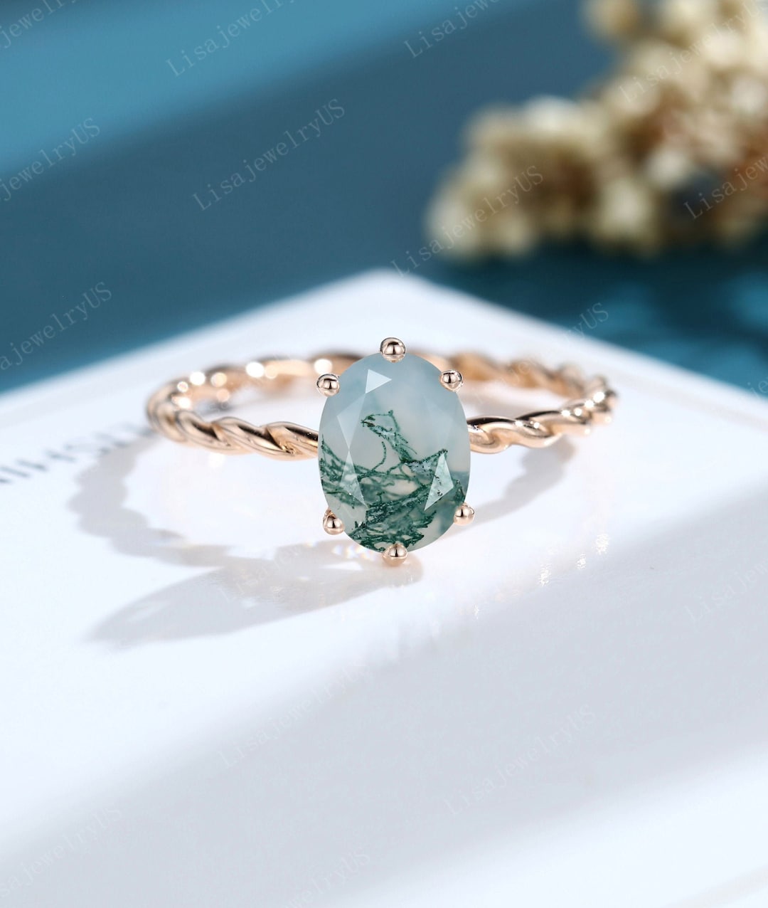 Oval Moss Agate Engagement Ring Rose Gold Vintage Engagement - Etsy