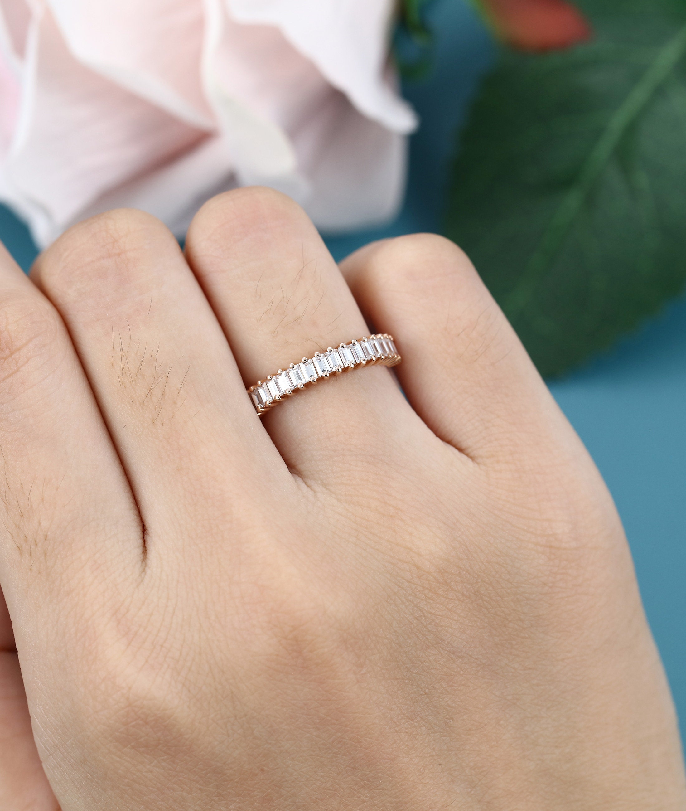 Moissanite Wedding Band Rose Gold Wedding Band Unique Wedding Band