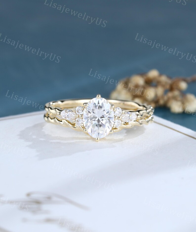 Oval Moissanite Engagement Ring Set Vintage 14K Yellow Gold Engagement ...
