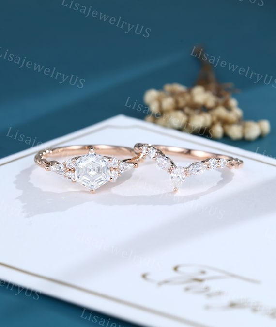 Hexagon Moissanite engagement ring set Rose gold vintage diamond ring pear ring unique dainty 3/4 eternity twisted ring Bridal promise gift