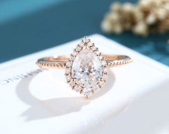 Pear shaped Moissanite engagement ring 14K rose gold vintage engagement ring Art deco Dainty unique Halo ring Bridal anniversary ring