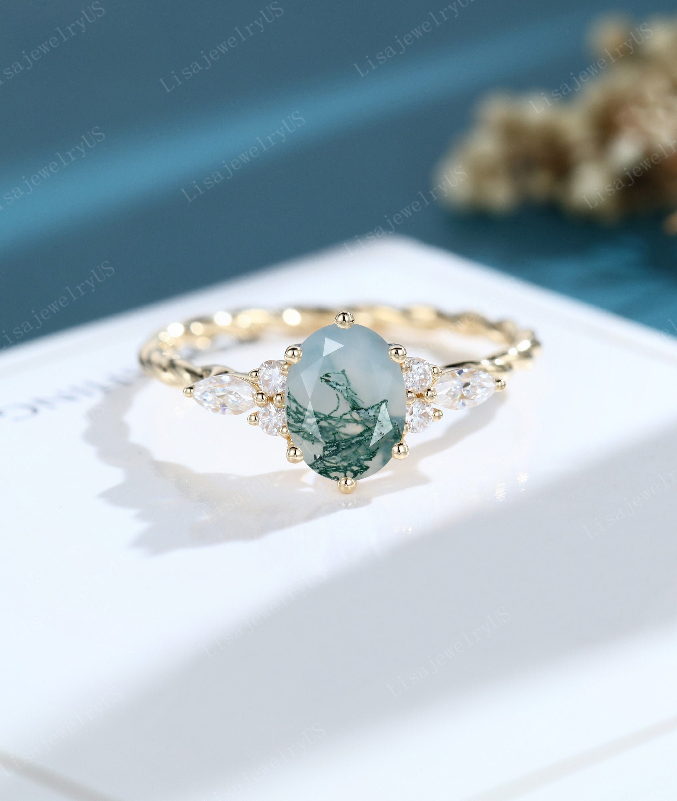 Oval Moss Agate Engagement Ring Vintage Yellow Gold Moissanite - Etsy ...