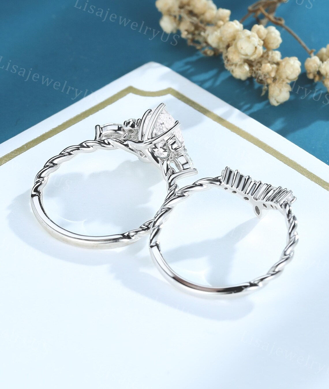 Pear Shaped Lab Diamond Engagement Ring Set Vintage White Gold IGI ...