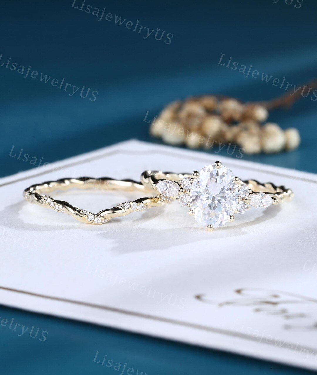 Oval Cut Moissanite Engagement Ring Set 14K Yellow Gold Engagement Ring ...