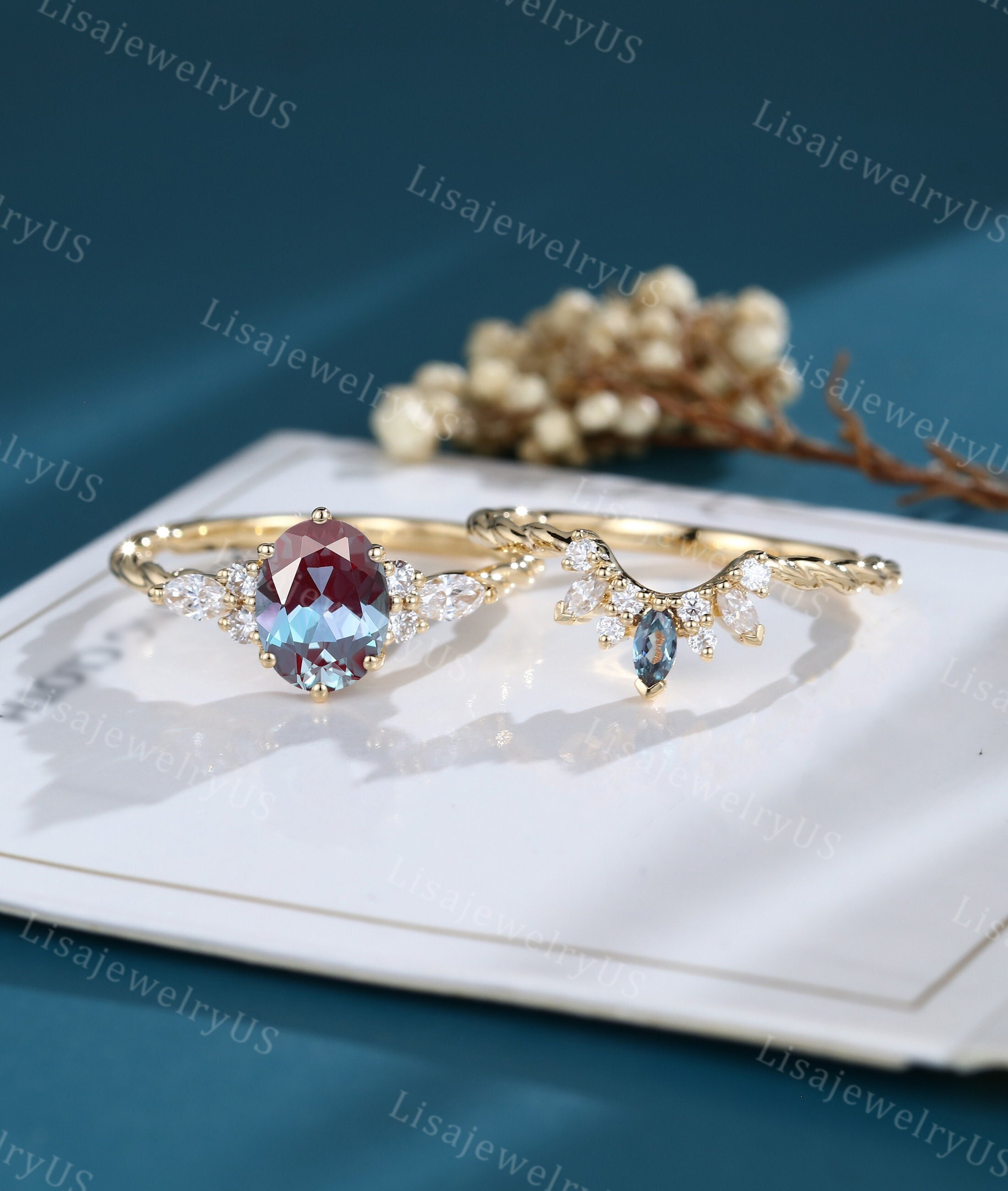 Oval Alexandrite engagement ring set Vintage engagement ring set 14k gold engagement ring set Art deco Unique 3/4 eternity twisted set