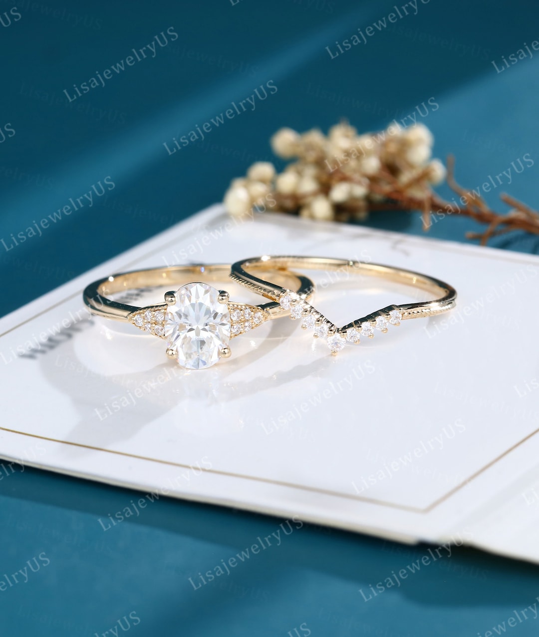 Oval Cut Moissanite Engagement Ring Set Vintage Engagement Ring Set 14K ...