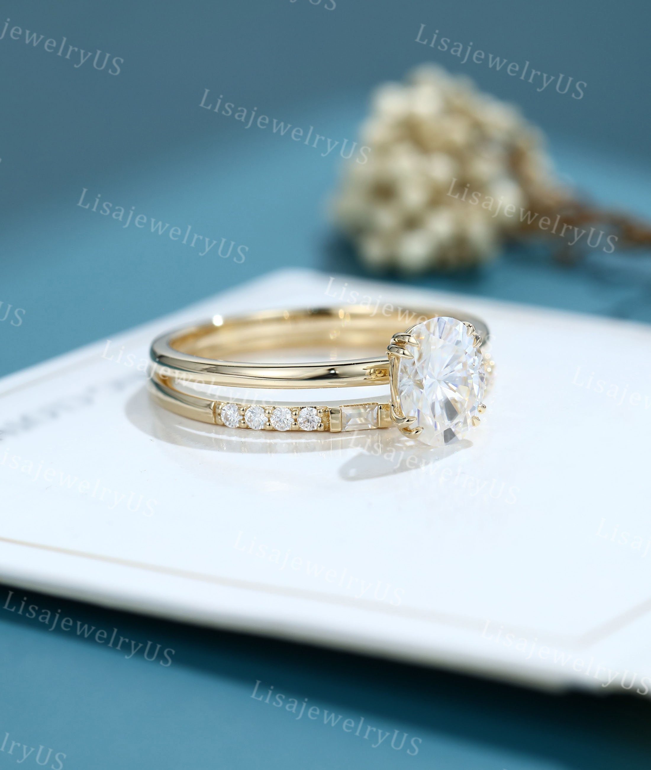 Oval Moissanite Engagement Ring Set 14K Gold Engagement Ring Set ...