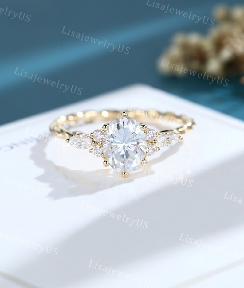 Oval Moissanite engagement ring 14K gold engagement ring Vintage engagement ring Marquise diamond twisted ring Anniversary promise ring image 1